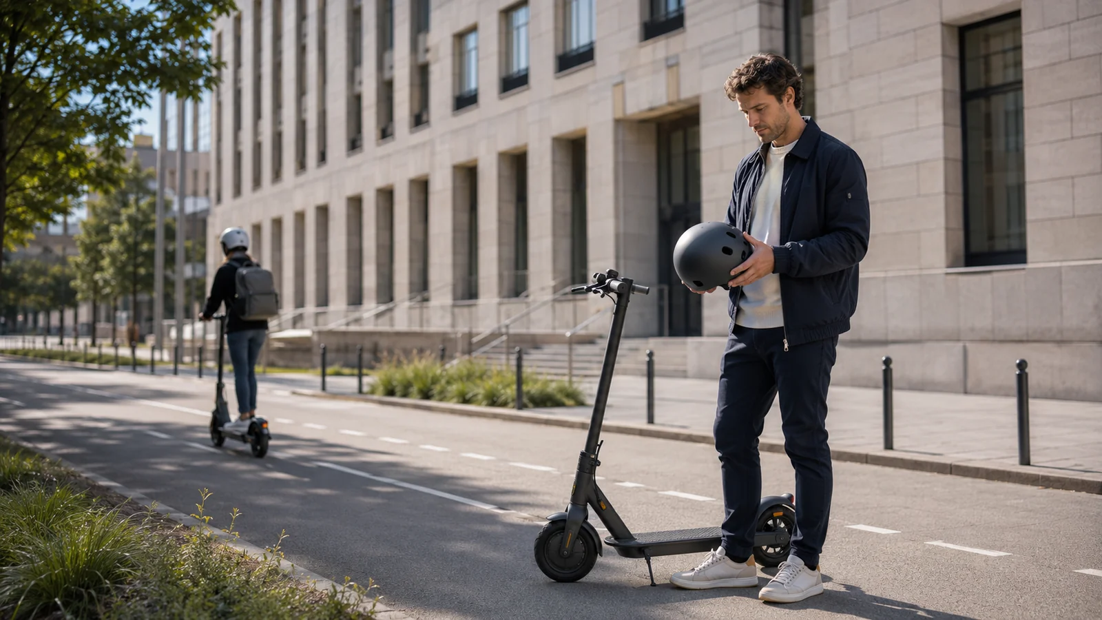 Mann hält neben seinem E-Scooter einen Helm in den Händen, im Hintergrund ein Fahrer