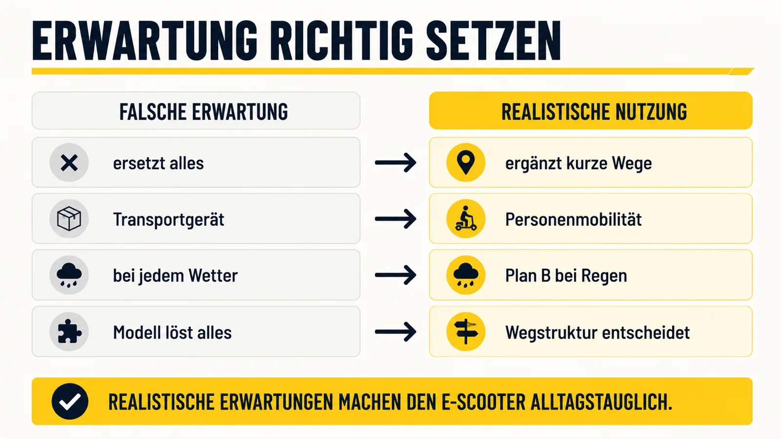 Infografik zu realistischen Erwartungen an den E-Scooter im Alltag