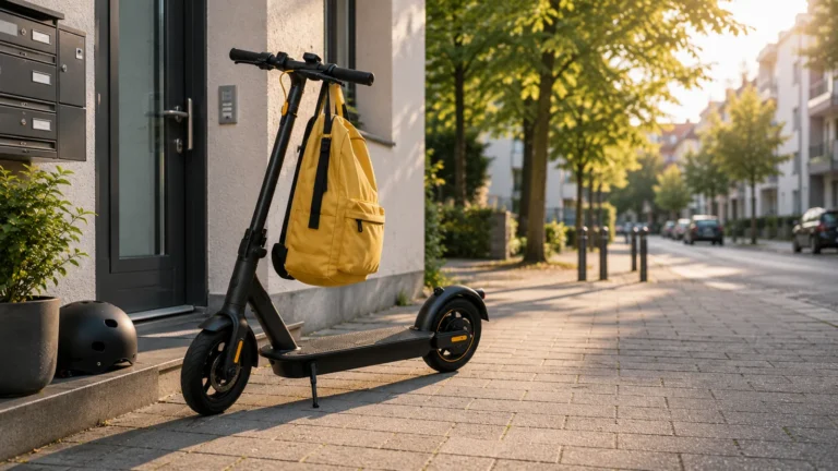 E-Scooter steht morgens griffbereit vor einem Hauseingang für kurze Alltagswege