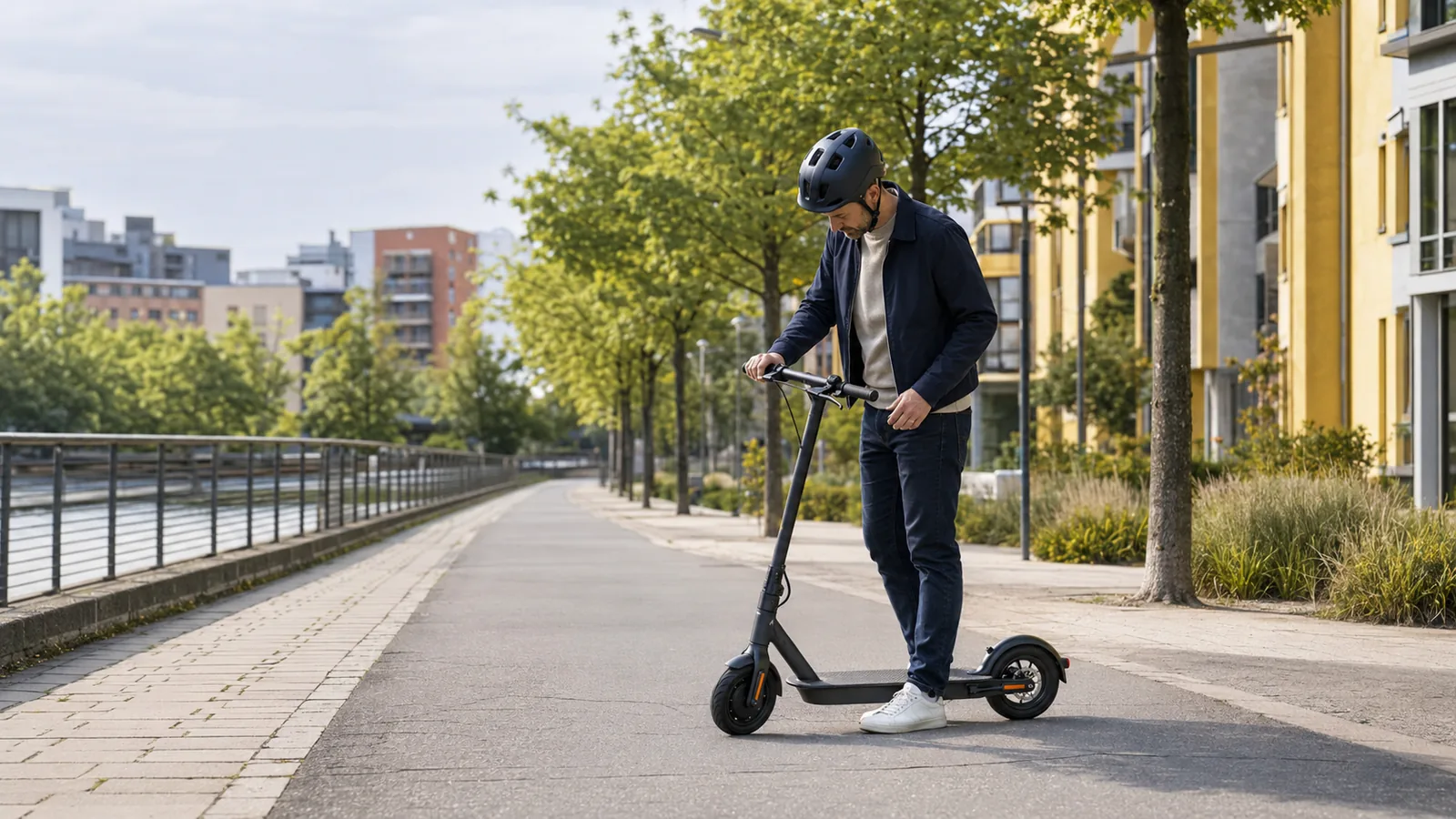 Fahrer mit Helm hält auf einem Weg an und prüft seinen wackelnden E-Scooter