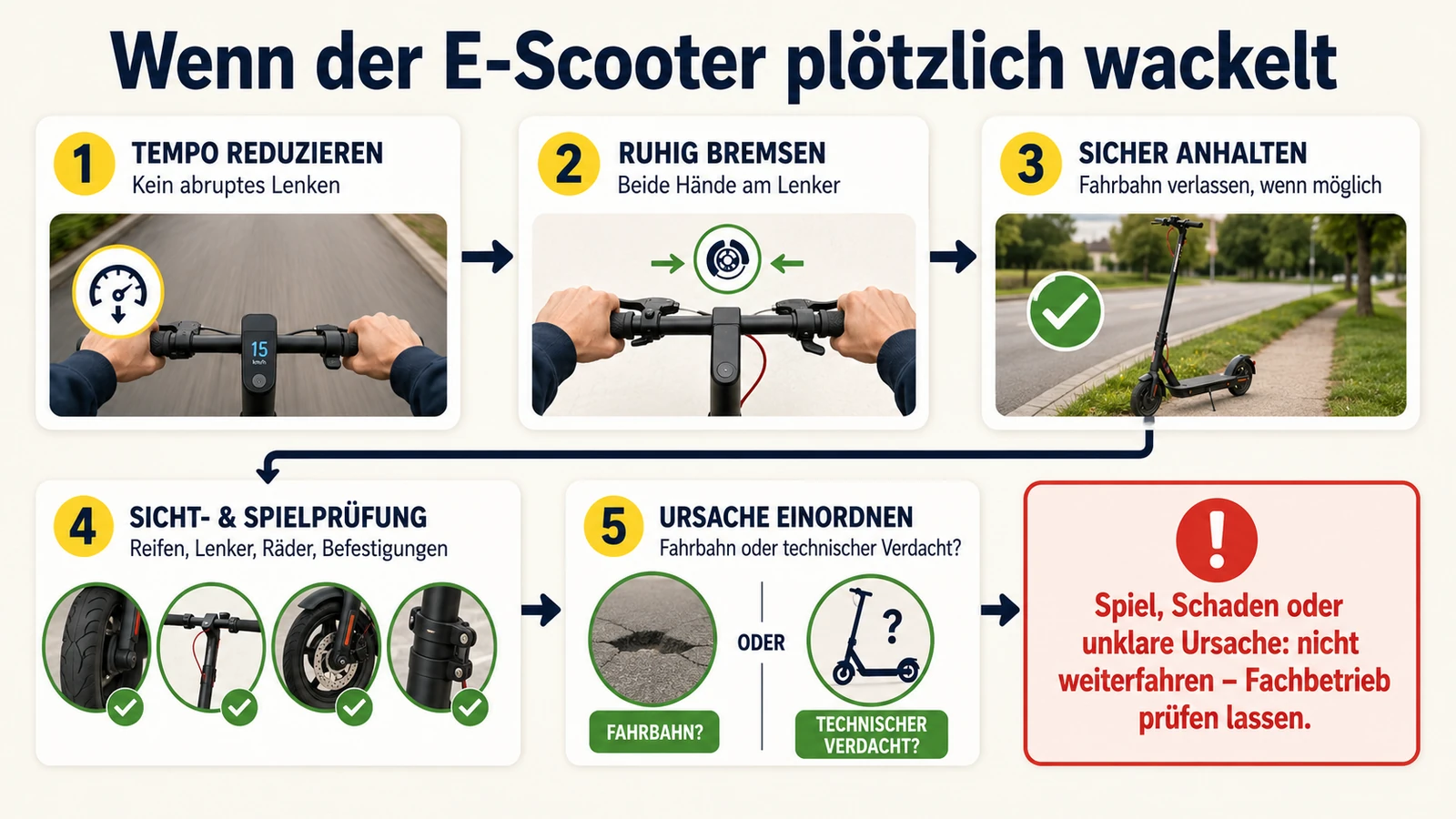 Infografik: Sofortplan, wenn der E-Scooter plötzlich wackelt – Tempo raus, ruhig bremsen, sicher anhalten, prüfen