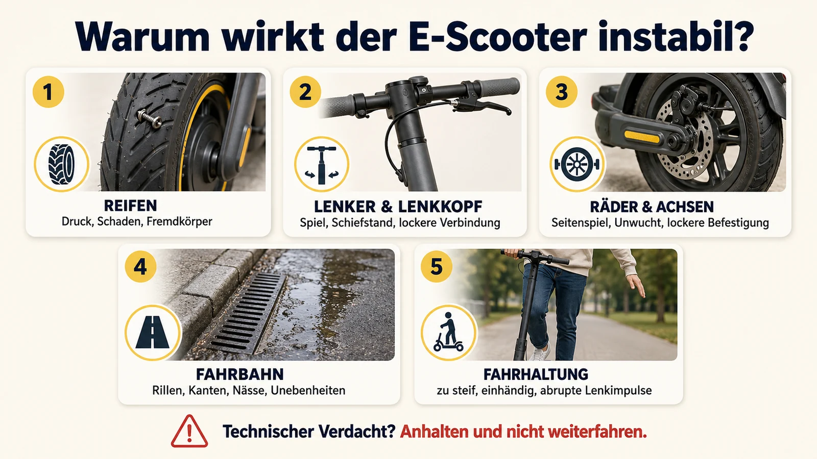 Infografik: häufige Ursachen für einen instabilen E-Scooter – Reifen, Lenker, Räder, Fahrbahn, Fahrhaltung