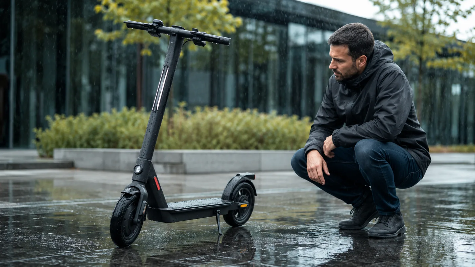 Mann in Regenjacke hockt bei Regen neben nassem schwarzen E-Scooter, Thema IP-Schutzklasse und Nässe