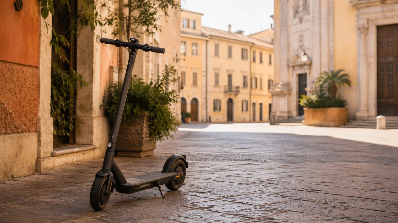 Schwarzer E-Scooter auf Kopfsteinpflaster in einer italienischen Altstadt-Piazza