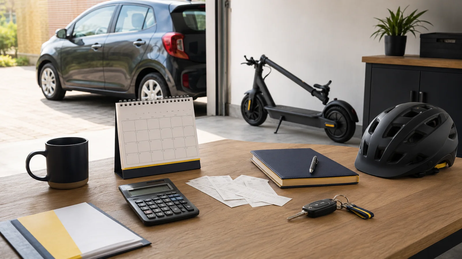 Schreibtisch mit Taschenrechner, Kalender und Belegen, im Hintergrund Auto und E-Scooter