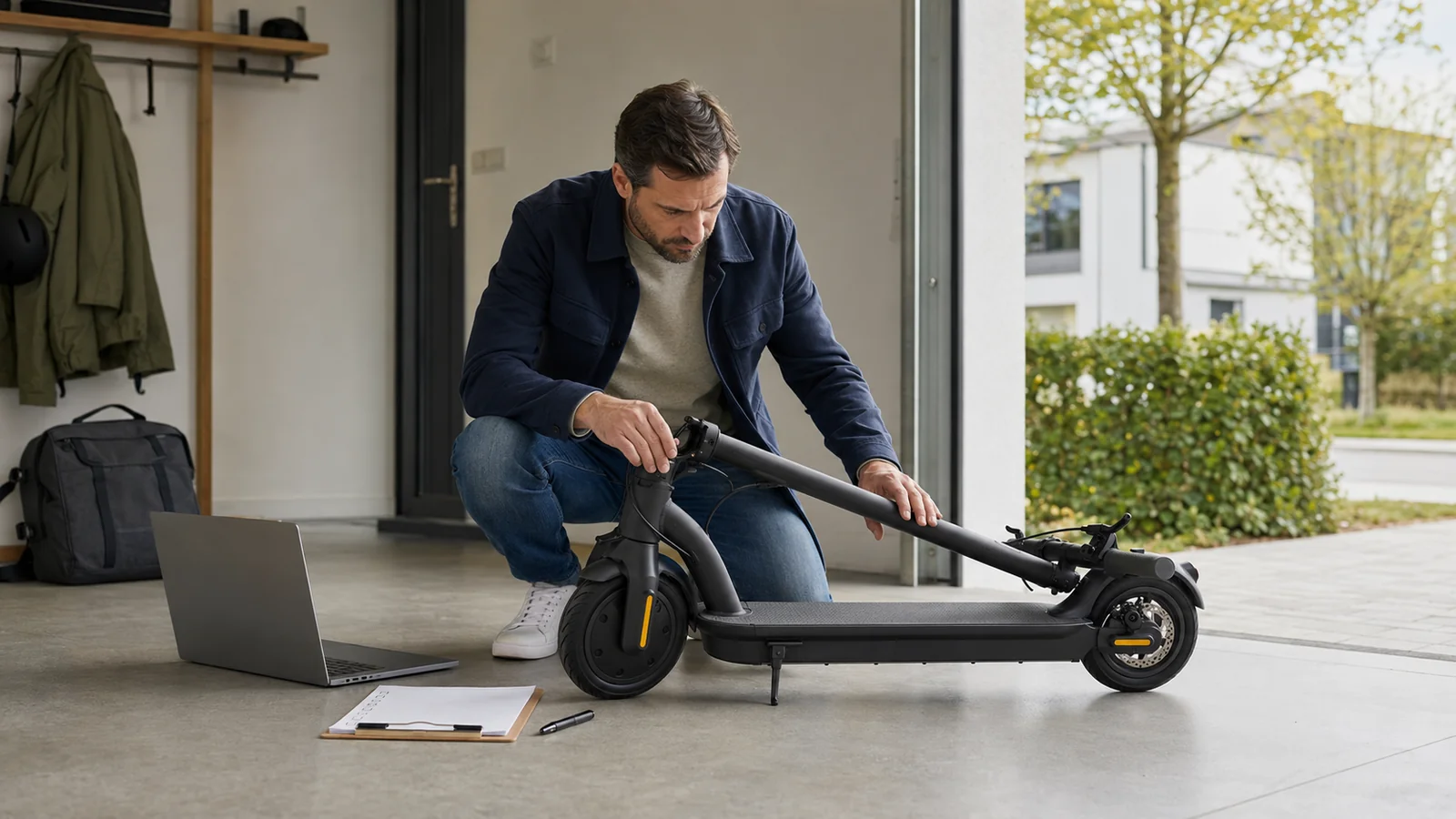 Mann prüft in der Garage einen gefalteten E-Scooter mit Laptop und Notizblock
