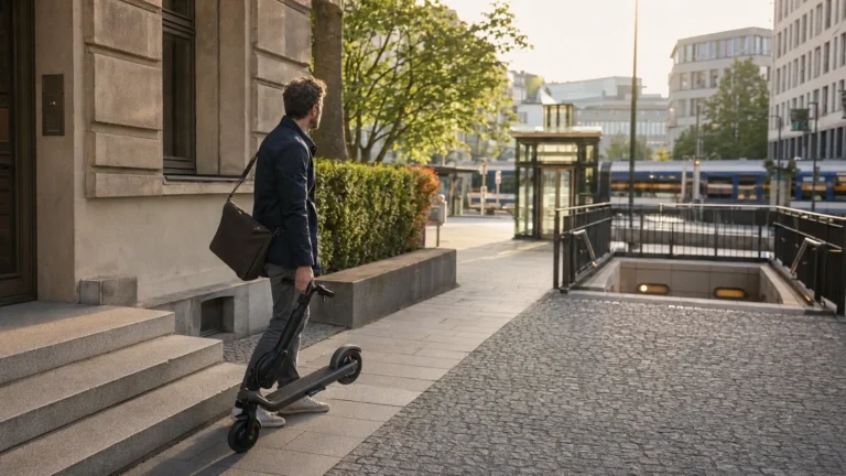 Mann geht mit einem gefalteten E-Scooter zu einem U-Bahn-Eingang in der Stadt