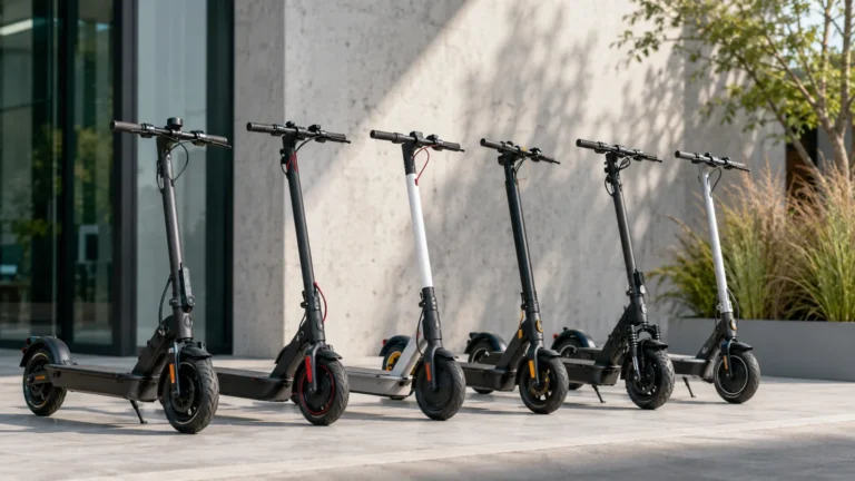 Verschiedene E-Scooter-Modelle nebeneinander zur Kaufauswahl
