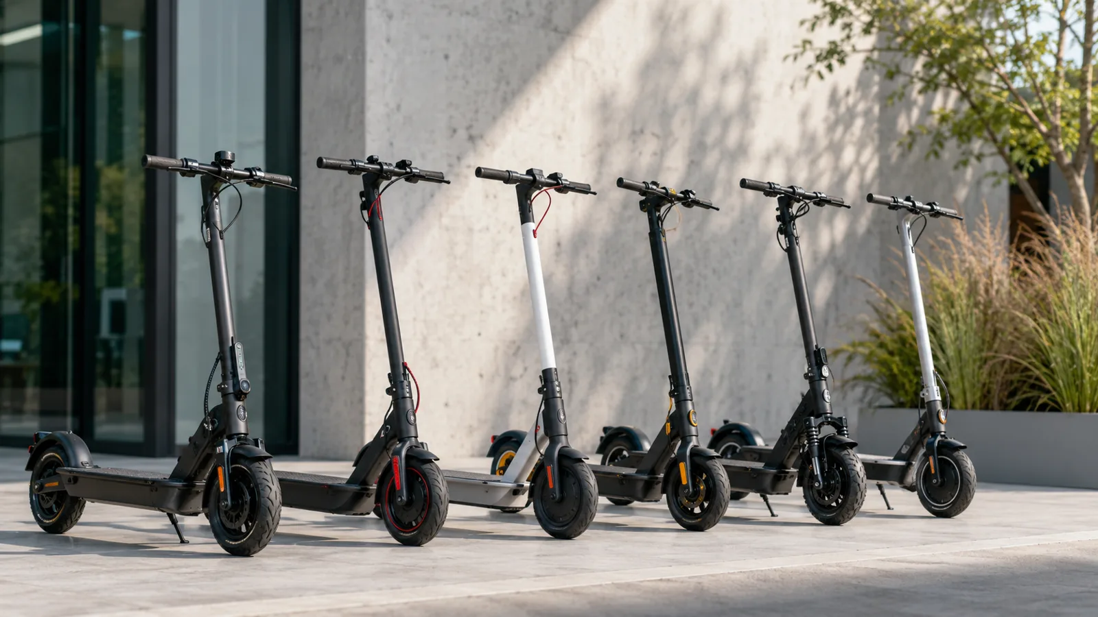 Verschiedene E-Scooter-Modelle nebeneinander zur Kaufauswahl