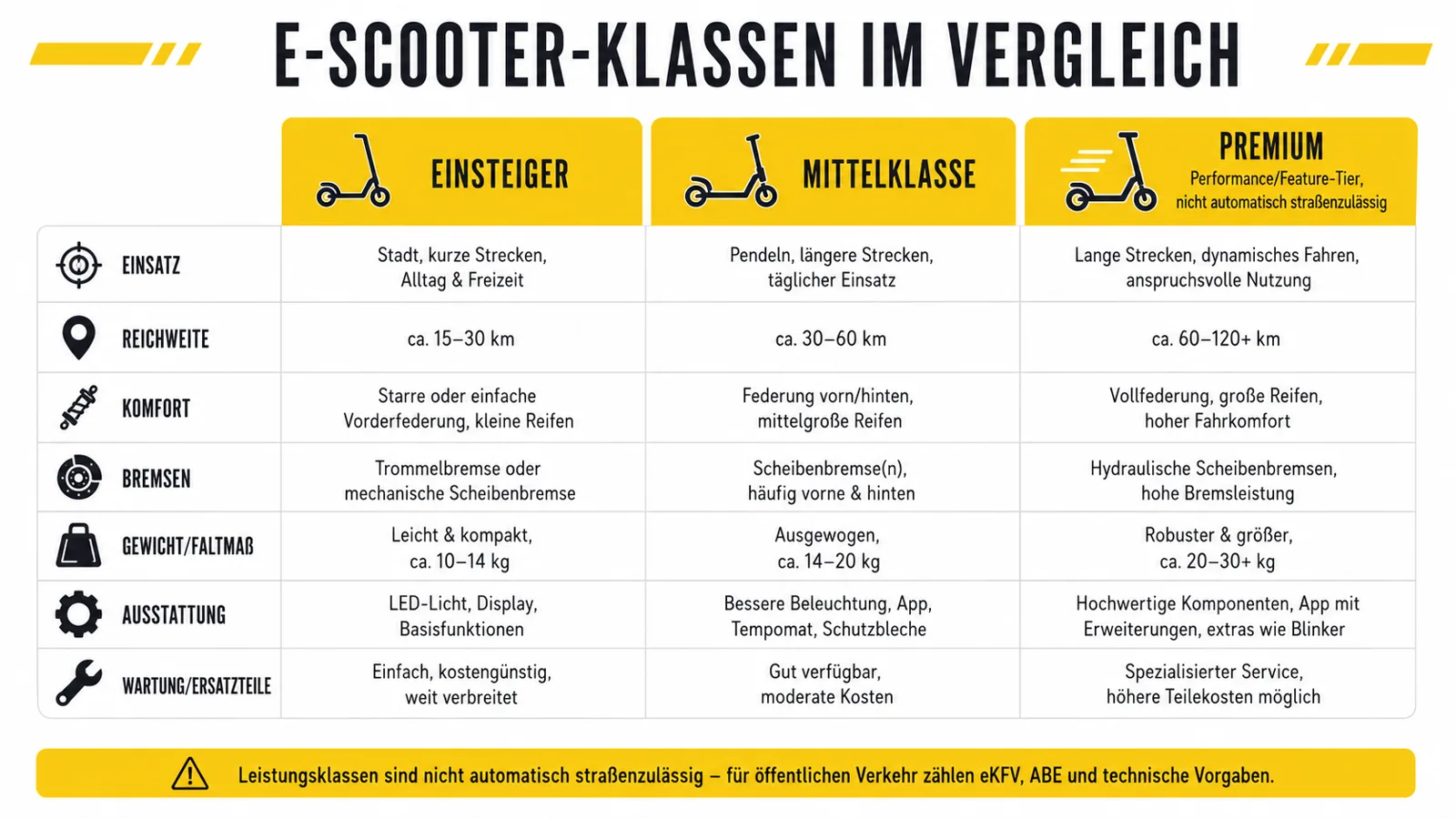 E-Scooter-Klassen im Vergleich nach Ausstattung: Einsteiger, Mittelklasse, Premium