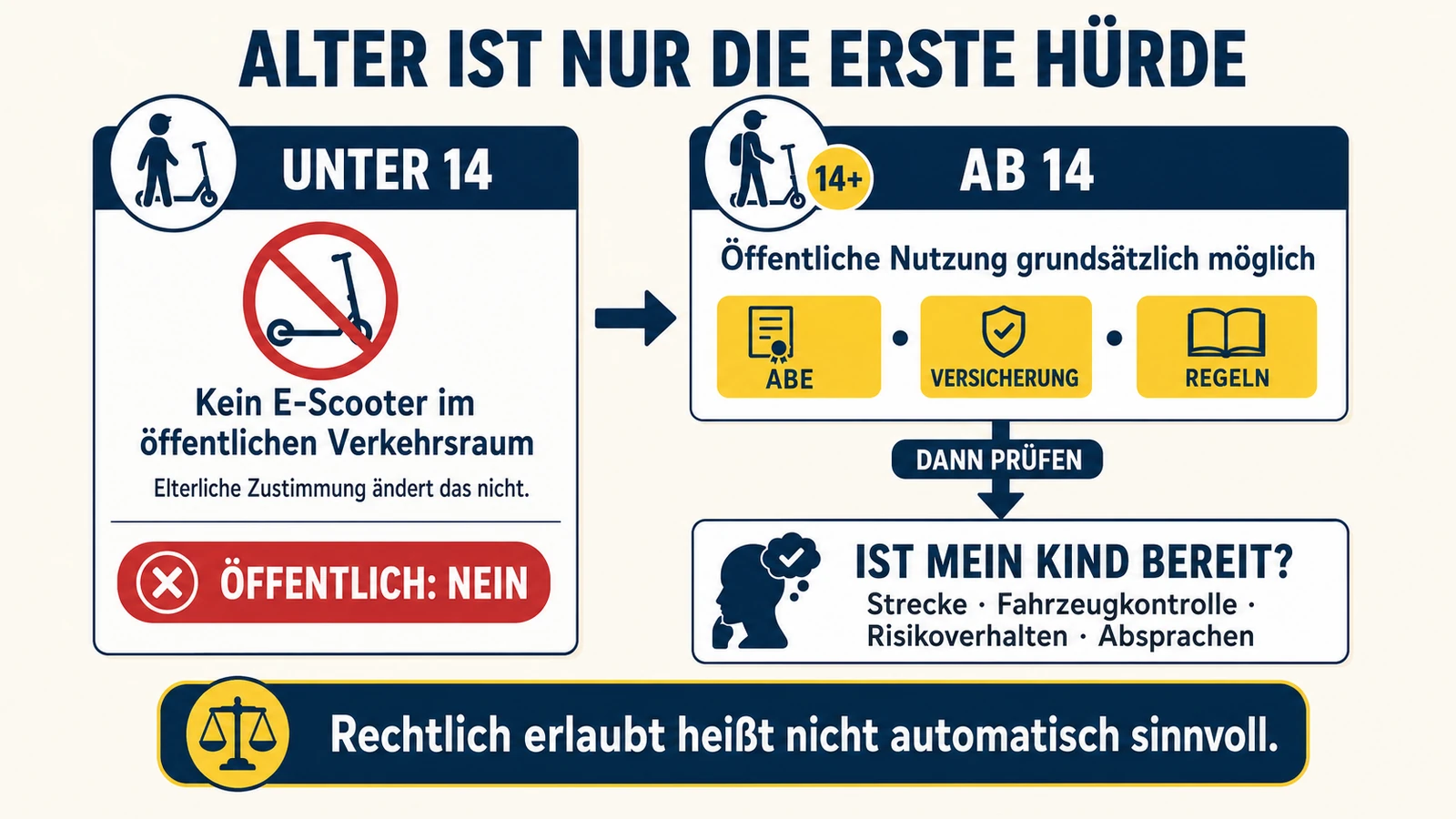Infografik: Altersgrenzen beim E-Scooter für Kinder – unter 14 nicht im öffentlichen Verkehr, ab 14 mit ABE, Versicherung und Regeln