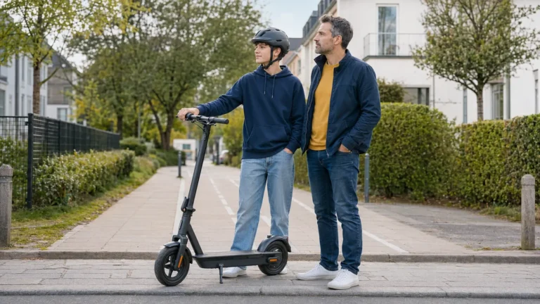 Jugendlicher mit Helm auf einem E-Scooter neben seinem Vater auf dem Gehweg