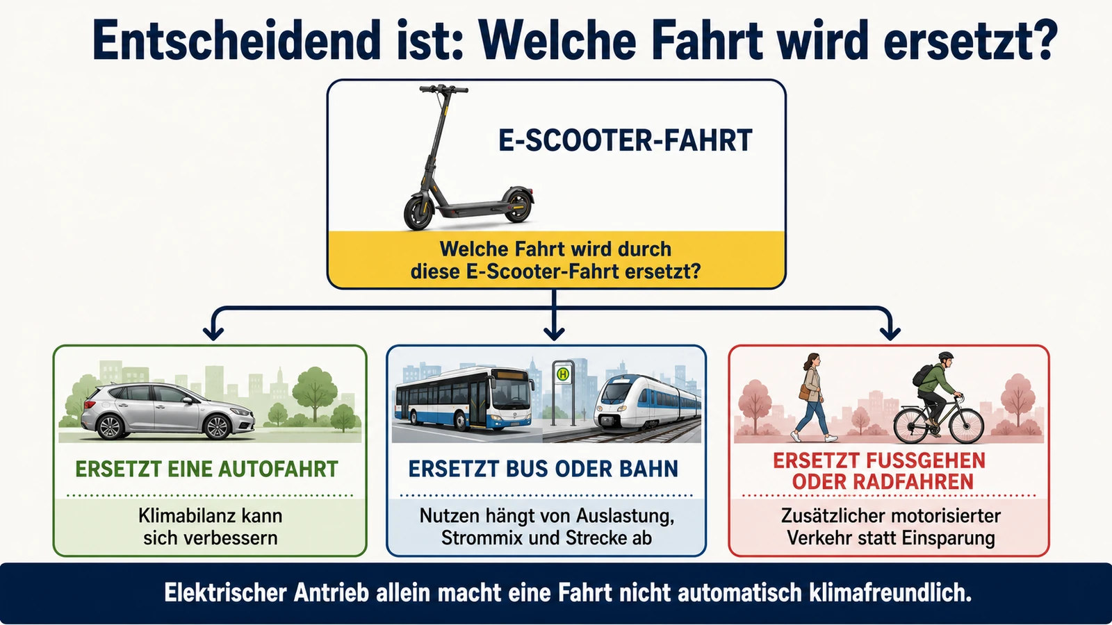 Infografik: welche Fahrt der E-Scooter ersetzt – Auto, Bus/Bahn oder Fußgehen und Radfahren