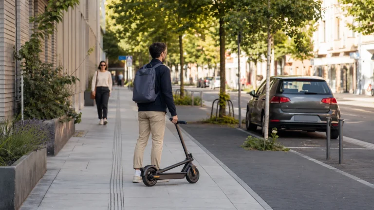 Person fährt mit einem E-Scooter auf einer baumbestandenen Stadtstraße neben einem parkenden Auto