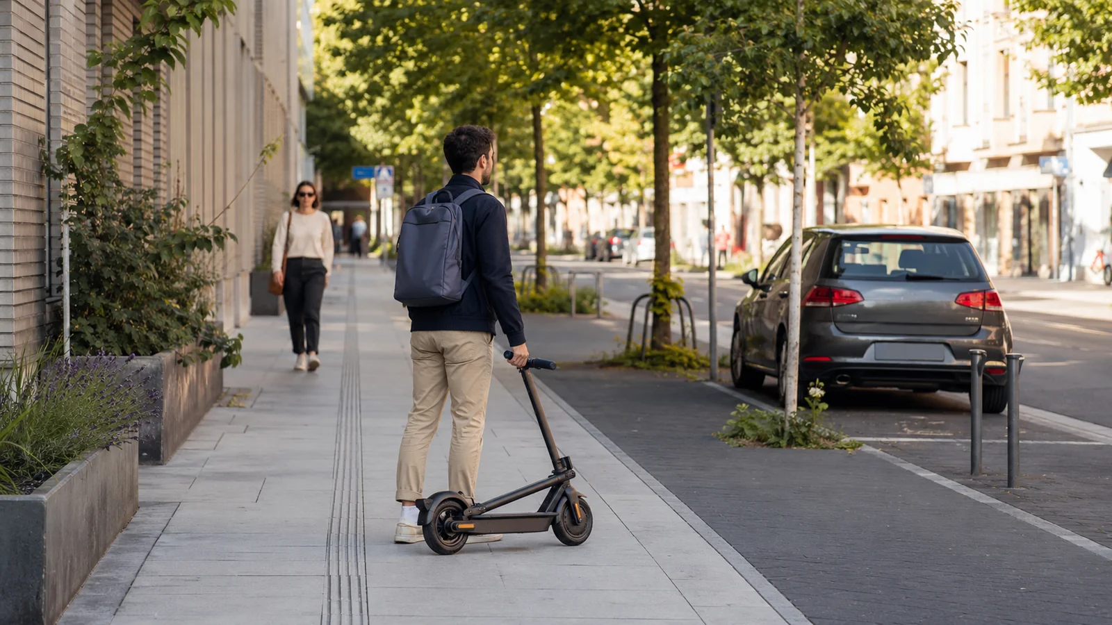 Person fährt mit einem E-Scooter auf einer baumbestandenen Stadtstraße neben einem parkenden Auto