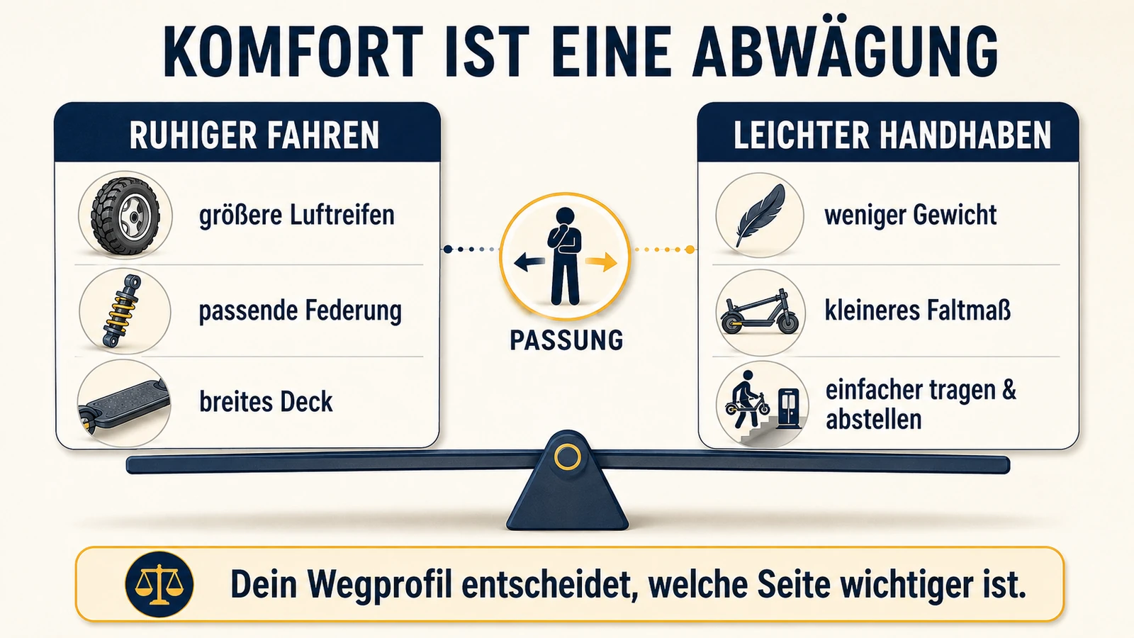 Infografik: Komfort als Abwägung zwischen ruhigerem Fahren und leichterer Handhabung