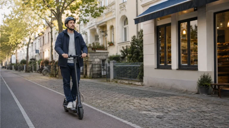 Mann fährt mit einem E-Scooter durch eine ruhige Stadtstraße