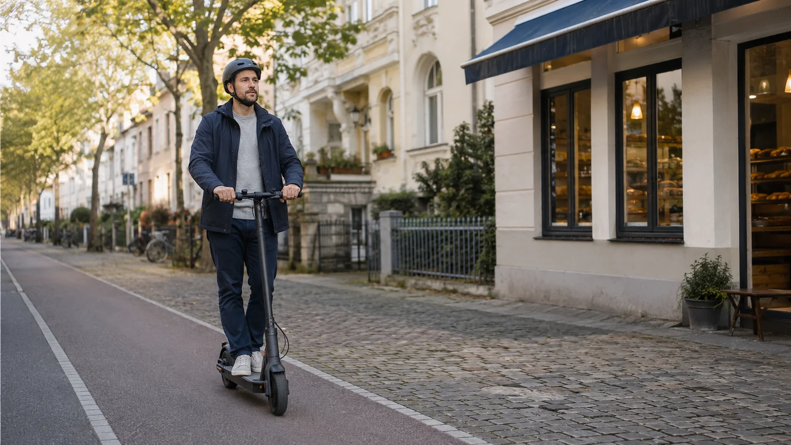 Mann fährt mit einem E-Scooter durch eine ruhige Stadtstraße