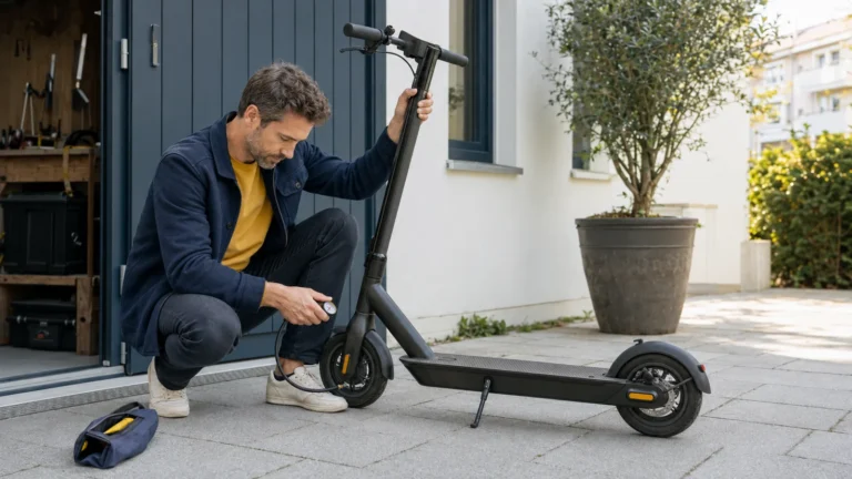 Mann prüft vor der Garage den Reifendruck seines E-Scooters
