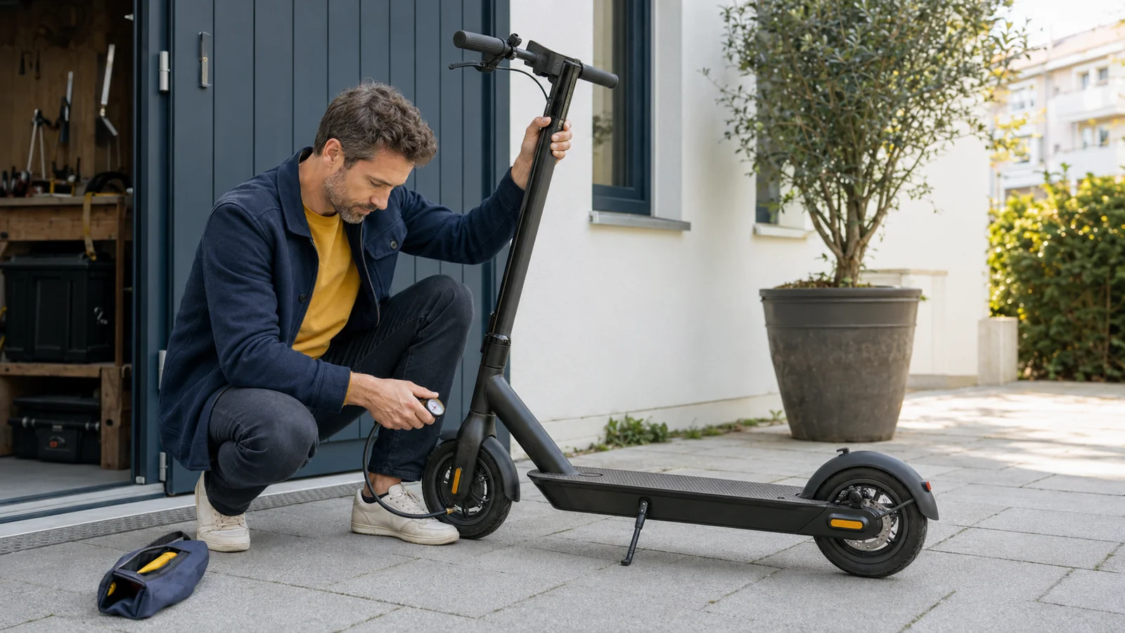 Mann prüft vor der Garage den Reifendruck seines E-Scooters