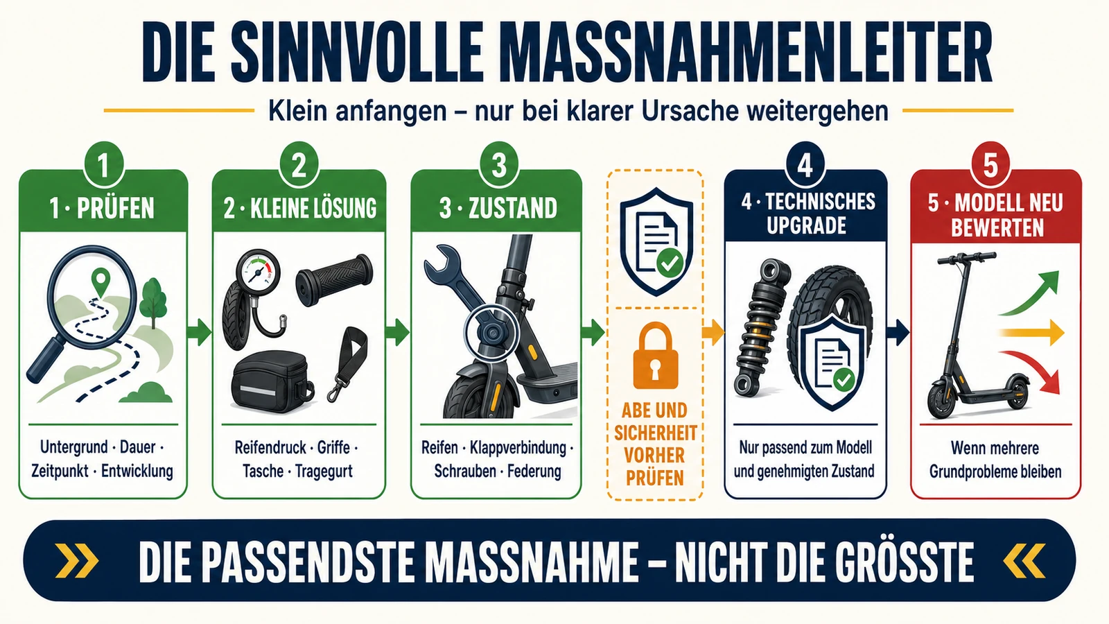 Infografik: sinnvolle Maßnahmenleiter zur Komfortverbesserung – klein anfangen, nur bei klarer Ursache weitergehen