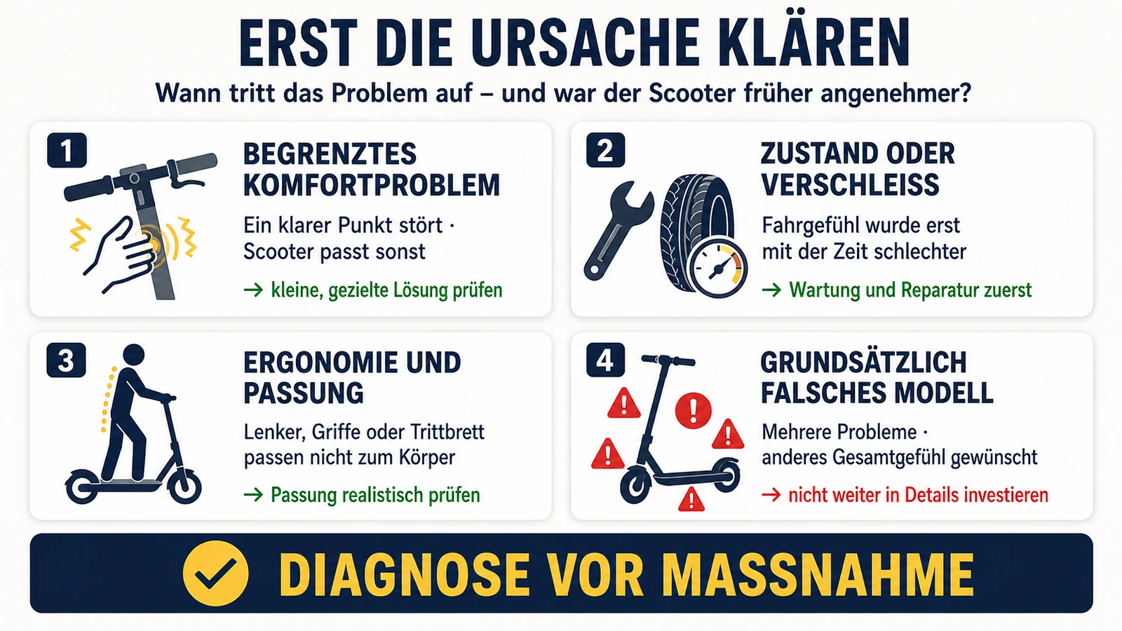 Infografik: Ursachen von Komfortproblemen einordnen – begrenztes Problem, Verschleiß, Passung oder falsches Modell