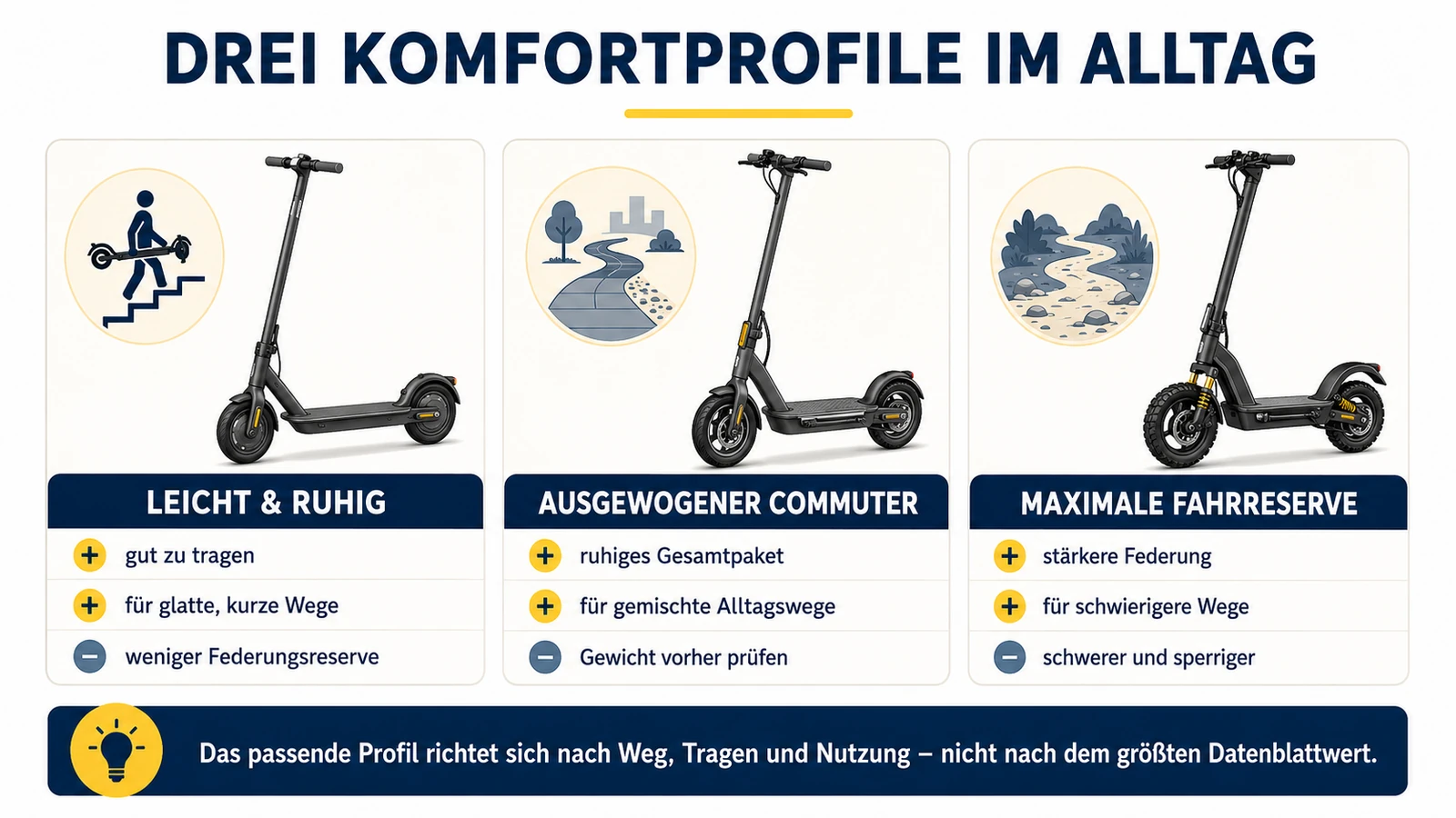 Infografik: drei Komfortprofile im Alltag – leicht und ruhig, ausgewogener Commuter, maximale Fahrreserve