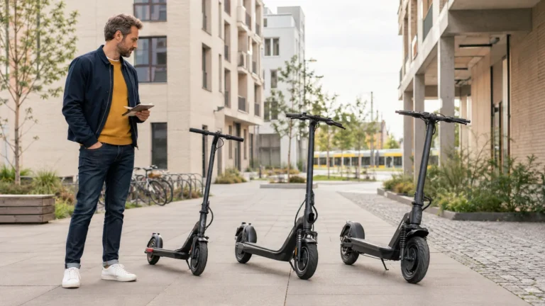 Mann mit Tablet betrachtet drei nebeneinander aufgestellte E-Scooter auf einem Platz