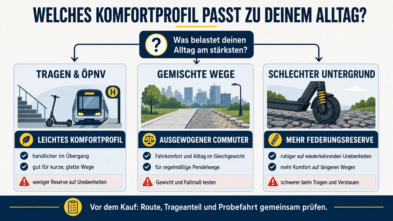 Infografik: welches Komfortprofil zum Alltag passt – Tragen und ÖPNV, gemischte Wege oder schlechter Untergrund