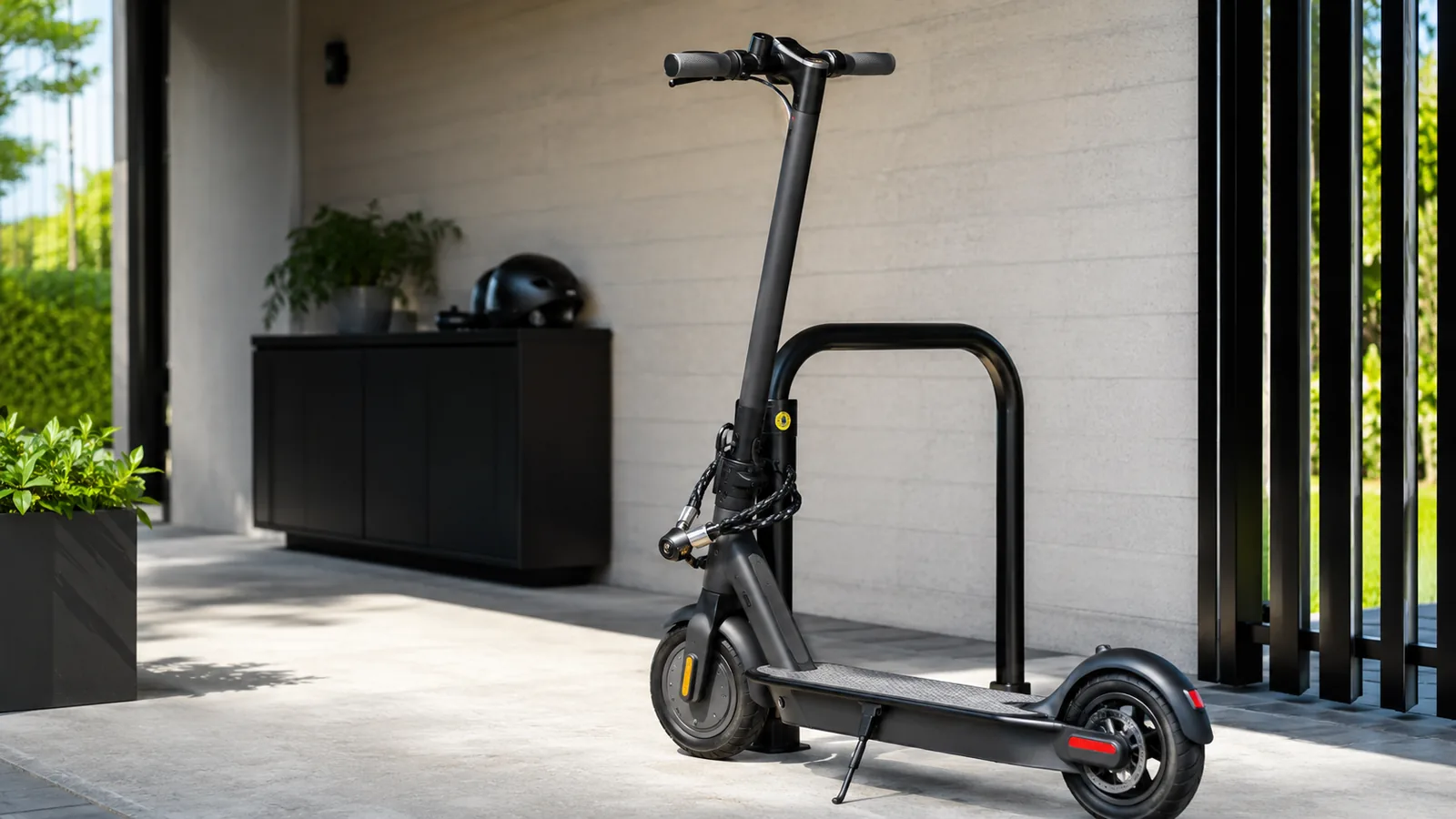 E-Scooter mit Kabelschloss an einem Fahrradbügel vor einem Wohnhaus abgestellt