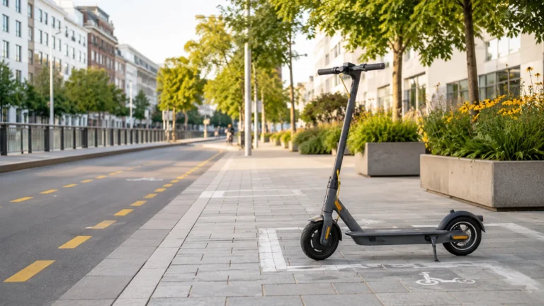 E-Scooter ordentlich geparkt in der Stadt als Symbol für sachliche Kritik und Verantwortung
