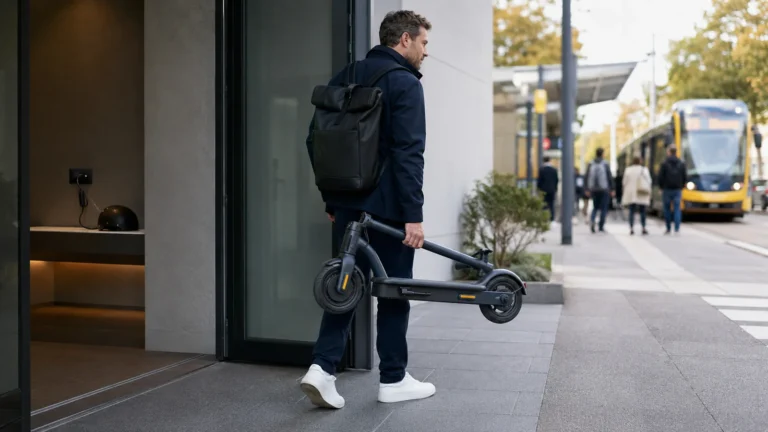 Mann trägt einen gefalteten E-Scooter zu einem Gebäudeeingang, im Hintergrund eine Straßenbahn