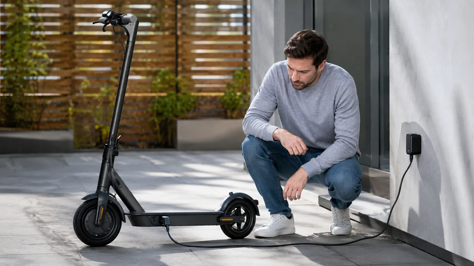 E-Scooter wird an einer Wandsteckdose geladen, Mann kauert daneben und prüft das Ladegerät bei abbrechendem Ladevorgang