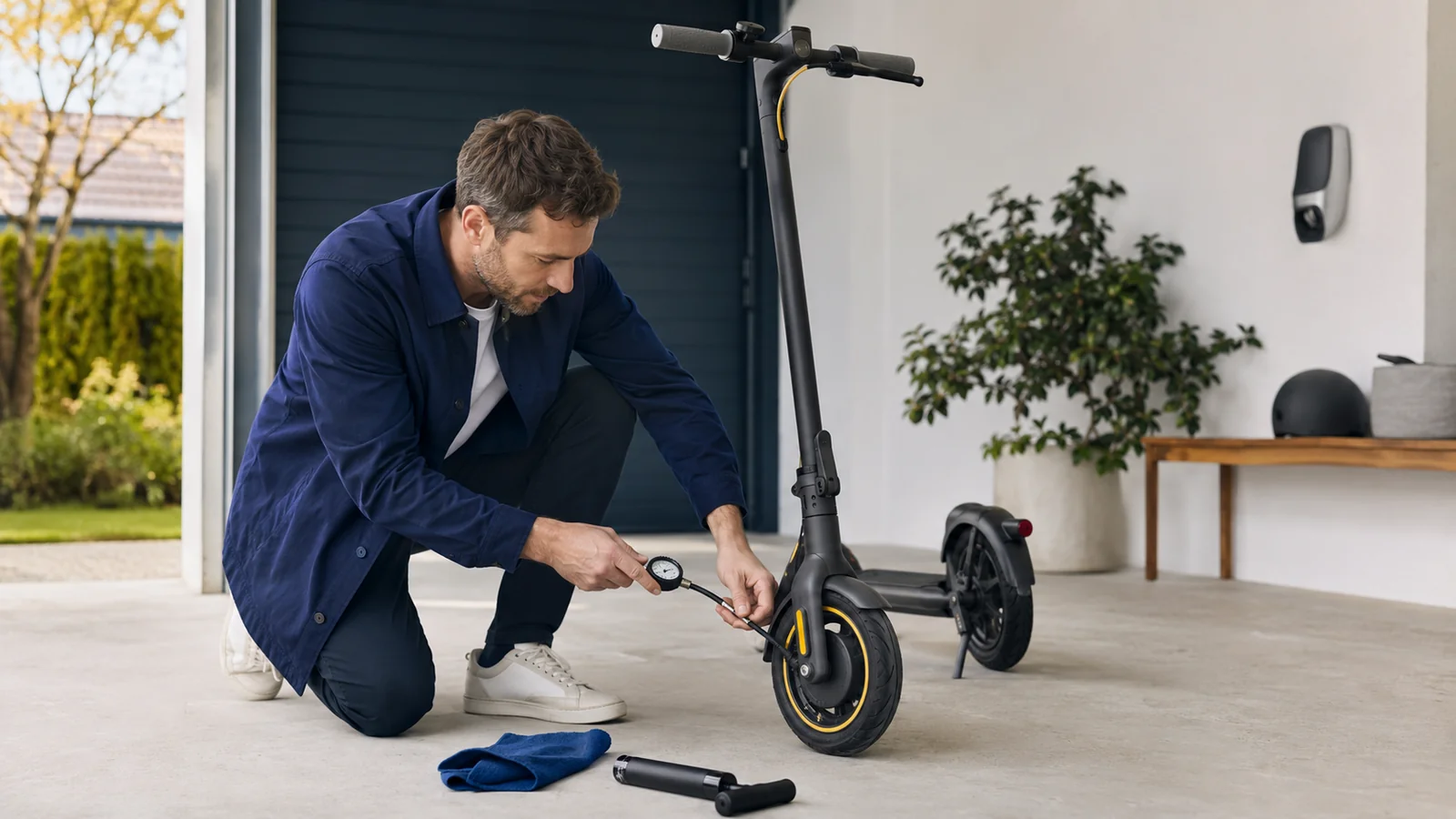 Mann prüft vor der Garage den Reifendruck seines E-Scooters