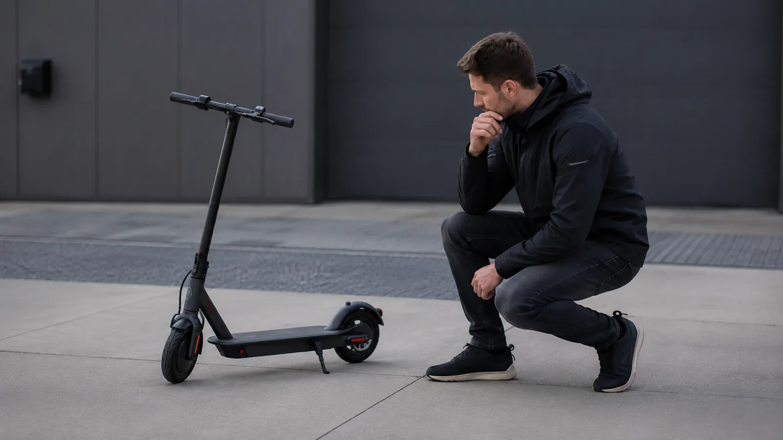 Person kniet ruhig vor E-Scooter auf neutraler Fläche, Kontrollcharakter ohne Tachowerte oder Zahlen
