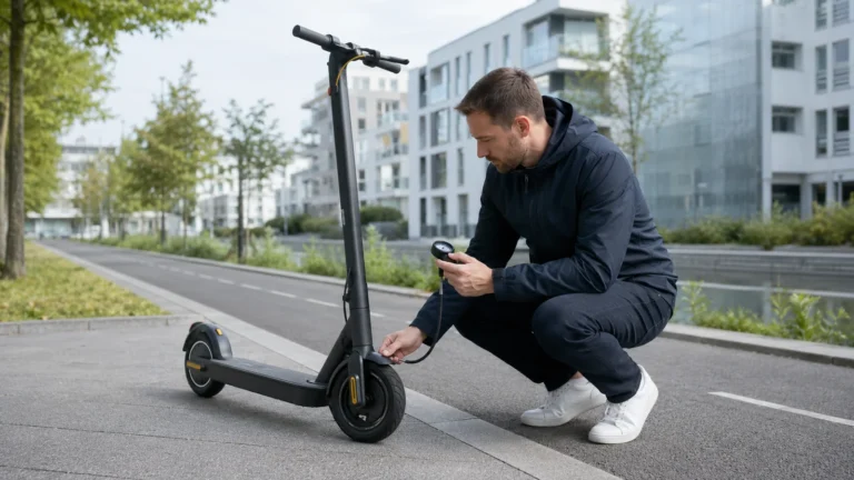 Fahrer prüft am Straßenrand den Reifendruck seines langsam gewordenen E-Scooters