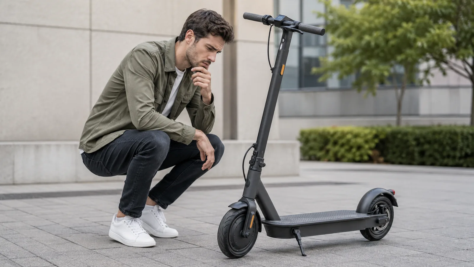 Nachdenklicher Mann hockt neben E-Scooter und überlegt, warum das Fahrzeug langsam ist