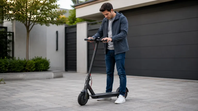 Mann prüft nachdenklich Display und Lenker eines E-Scooters auf neutraler Hofeinfahrt