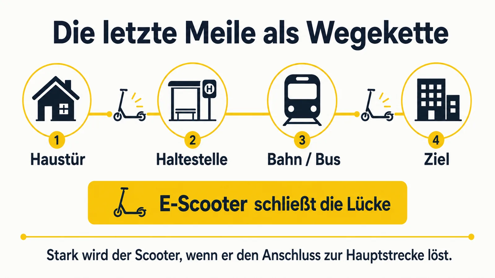 Infografik zur Wegekette mit E-Scooter, Haltestelle und Ziel