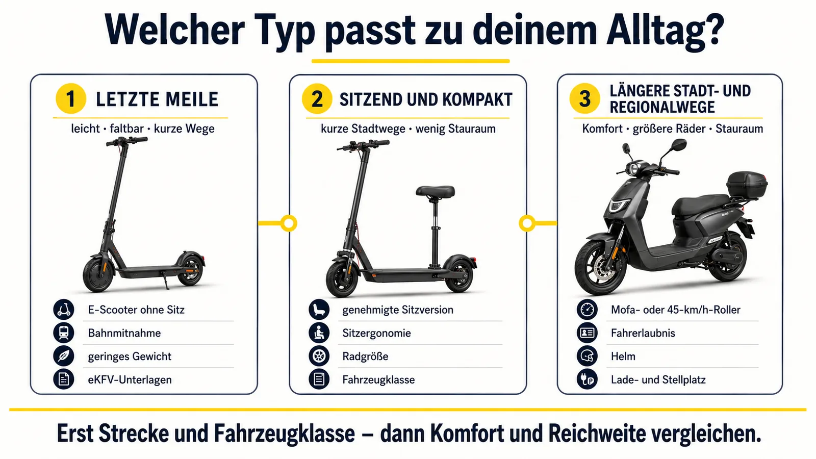 Alltagsvergleich zwischen E-Scooter, genehmigtem Sitz-Scooter und klassischem Elektroroller