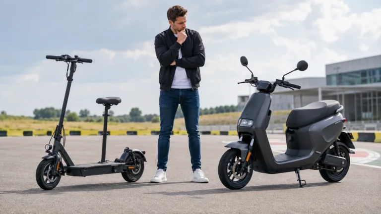 Vergleich zwischen einem E-Scooter mit montiertem Sitz und einem klassischen Sitz-Elektroroller auf einem Testgelände