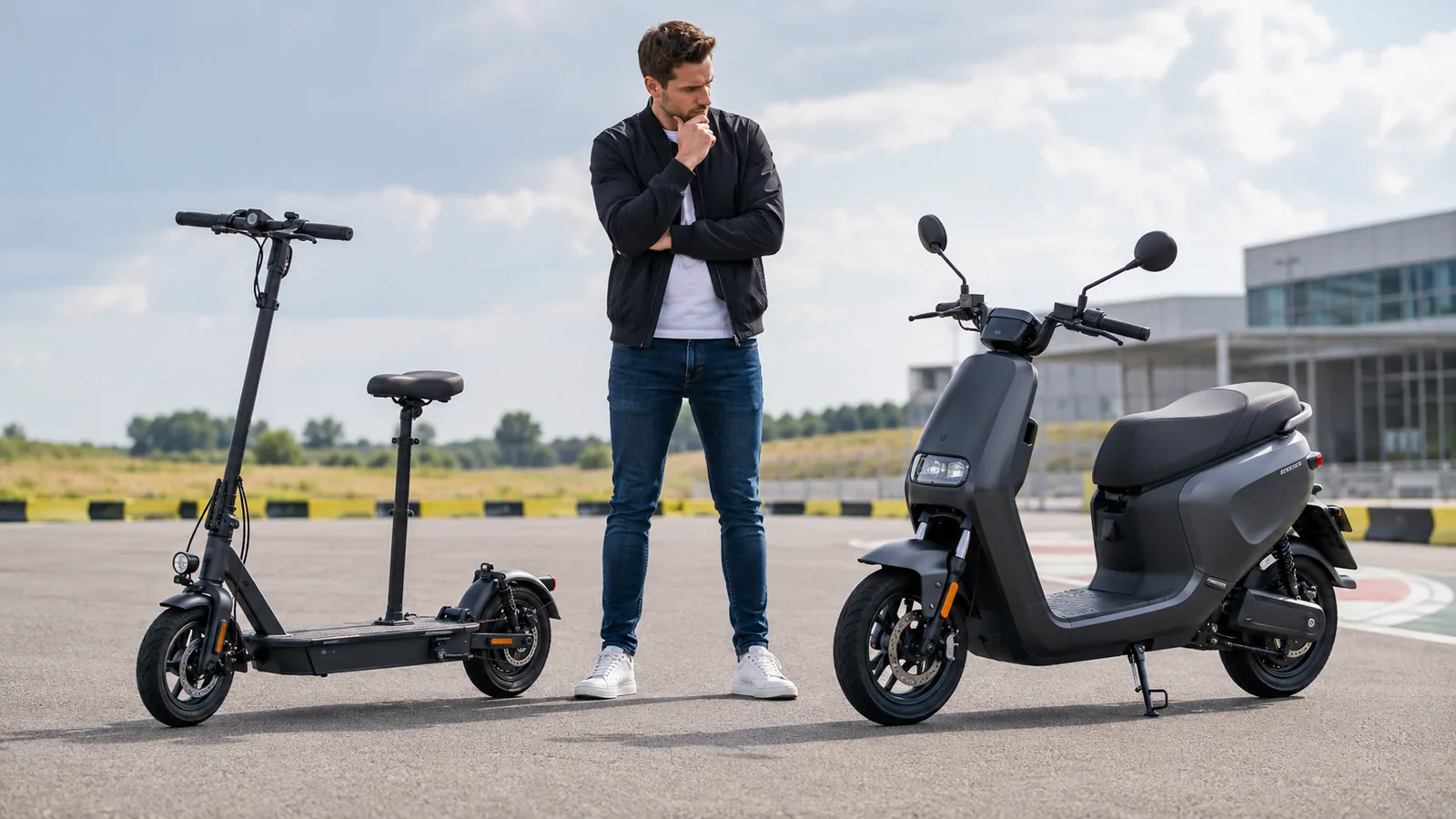 Vergleich zwischen einem E-Scooter mit montiertem Sitz und einem klassischen Sitz-Elektroroller auf einem Testgelände