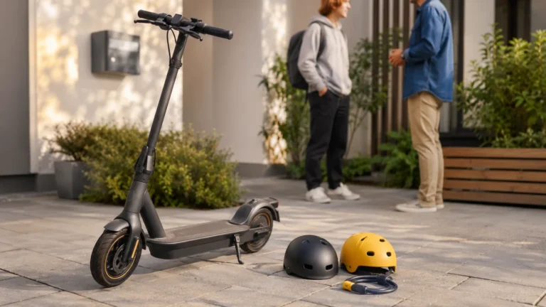 E-Scooter im Familienumfeld mit Helm und klarer Absprache zur Mitbenutzung