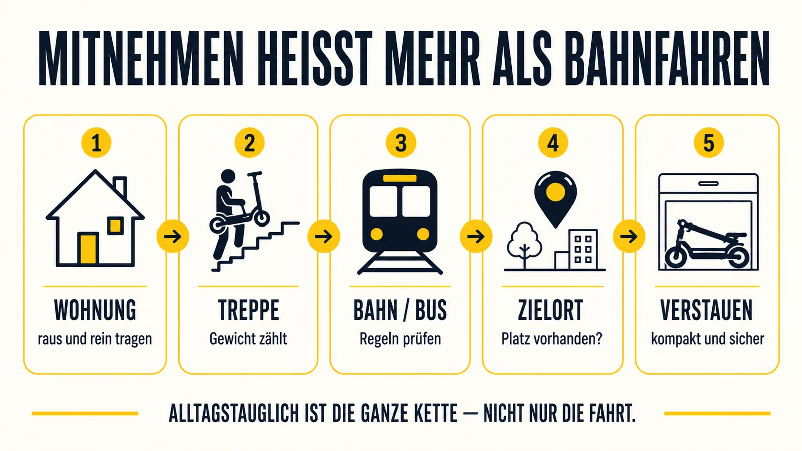 Infografik zu Alltagssituationen beim Mitnehmen eines E-Scooters