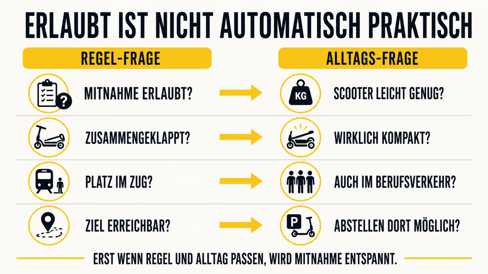 Infografik zum Unterschied zwischen erlaubter und praktischer E-Scooter-Mitnahme