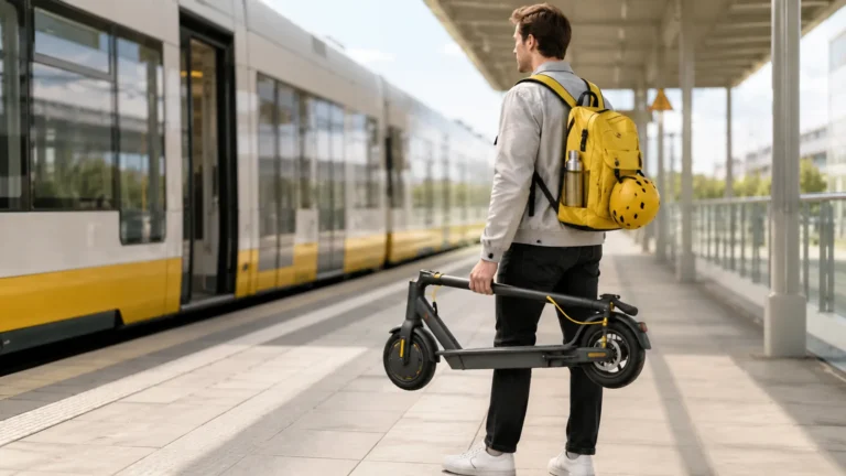 Zusammengeklappter E-Scooter am Bahnsteig als Mitnahme im Alltag