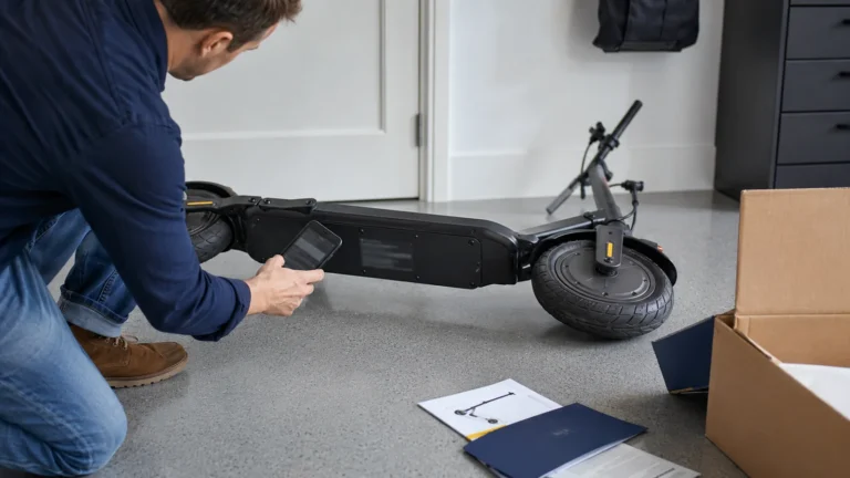 Mann fotografiert mit dem Smartphone die Unterseite eines E-Scooters, daneben Karton und Unterlagen