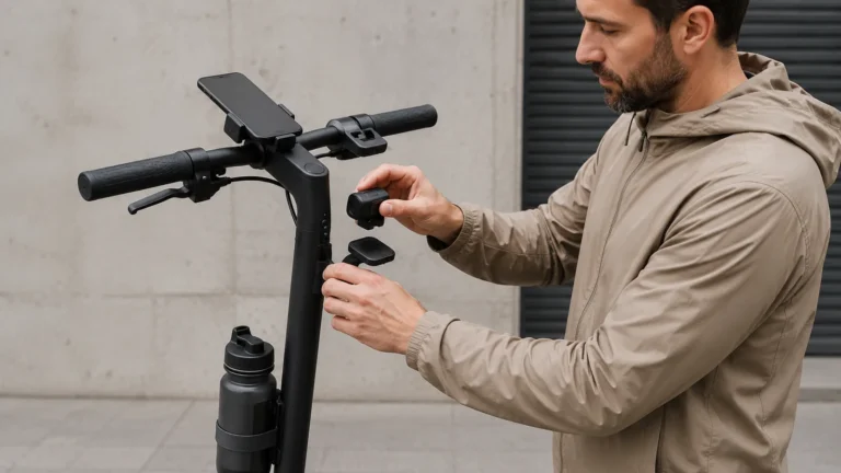 Aufgeräumtes E-Scooter-Cockpit mit Smartphone-Halterung und wechselbarem Modul an der Lenksäule