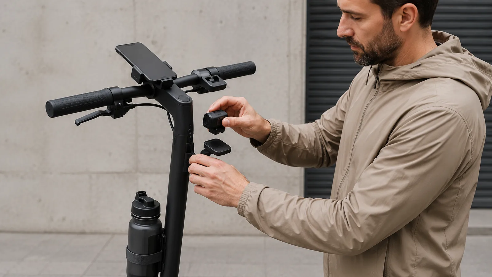 Aufgeräumtes E-Scooter-Cockpit mit Smartphone-Halterung und wechselbarem Modul an der Lenksäule