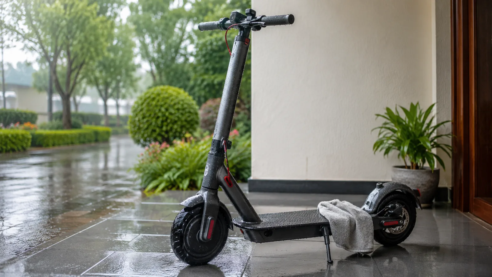 Nasser E-Scooter mit Handtuch nach Regen am Hauseingang